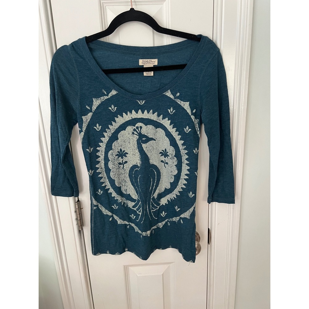 Lucky Brand Womens Teal Blue Peacock Graphic 3/4 Sleeve Scoop Neck Top Small